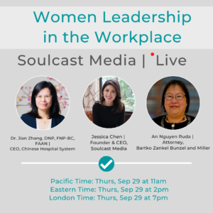 A promotional flyer for "Women Leadership in the Workplace" event featuring three speakers and their event times.